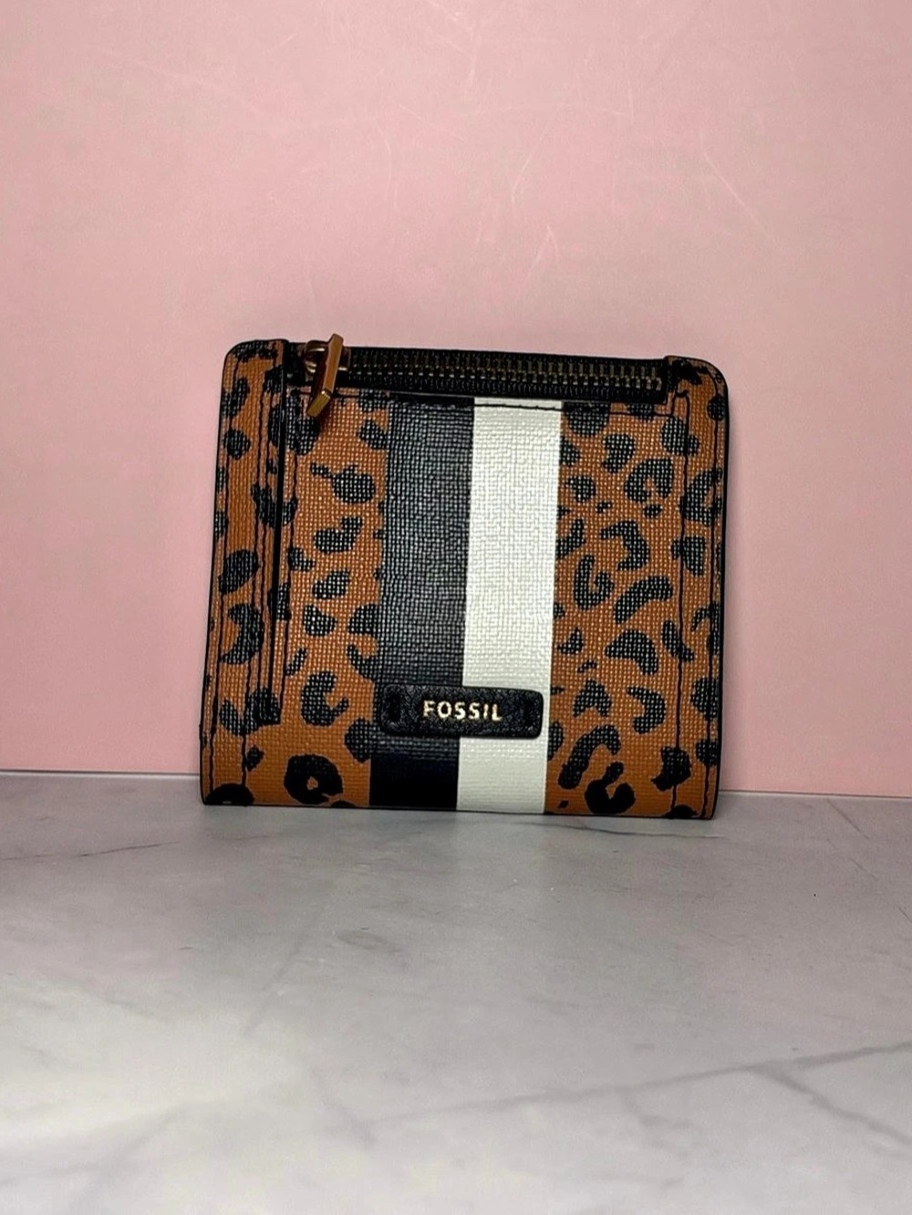 Fossil Leopard Print Wallet with Black & Off-White Stripe